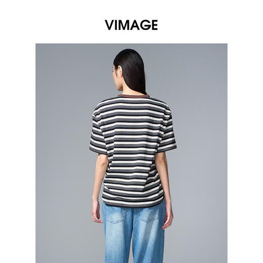 VIMAGE纬漫纪纯棉圆领复古百搭宽松撞色条纹t恤上衣夏季新款V2302922 商品图4
