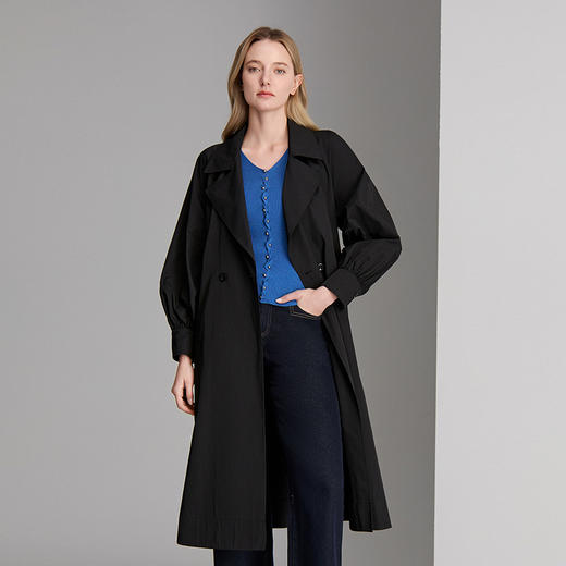 EITIE爱特爱黑白印花领带更显精致泡泡袖优雅风衣8304008 商品图2