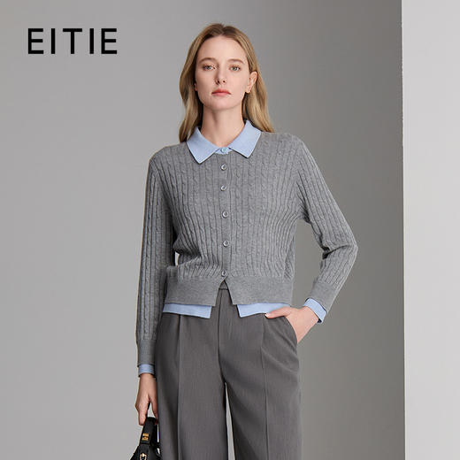EITIE爱特爱经典灰蓝撞色假两件设计时尚减龄针织衫8301005 商品图0