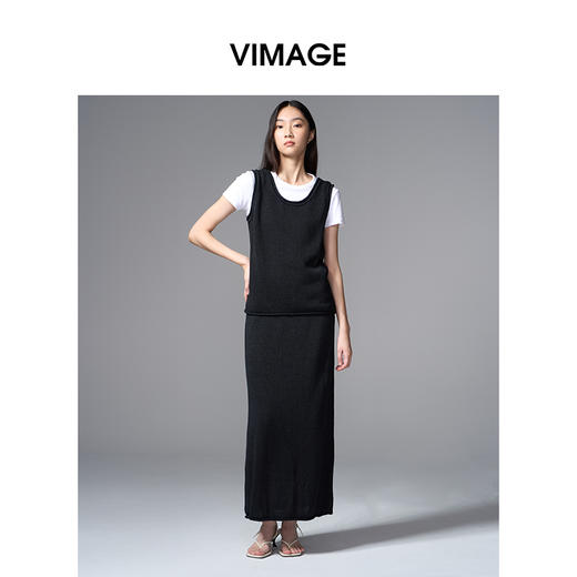 VIMAGE纬漫纪高腰简约百搭黑色廓形长款显瘦半身裙夏季新款V2301939 商品图2