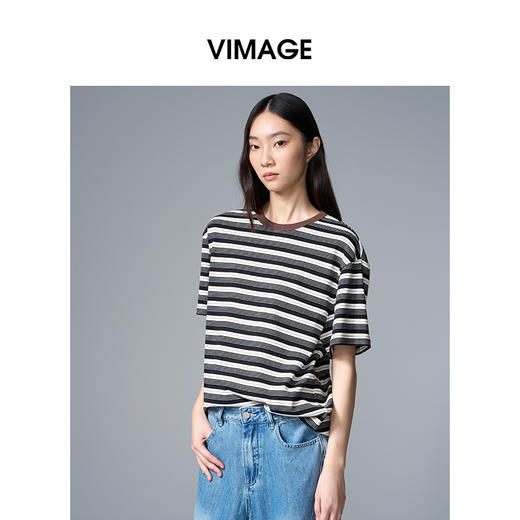 VIMAGE纬漫纪纯棉圆领复古百搭宽松撞色条纹t恤上衣夏季新款V2302922 商品图1