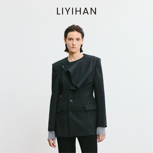 LIYIHAN 2025秋季新款通勤高级羊毛圆领西装女灰色外套小众设计感 商品图0