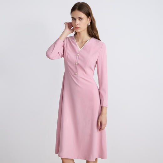 EITIEEITIE爱特爱法式气质优雅V领撞色收腰粉色长袖秋季新款连衣裙C2507840 商品图1