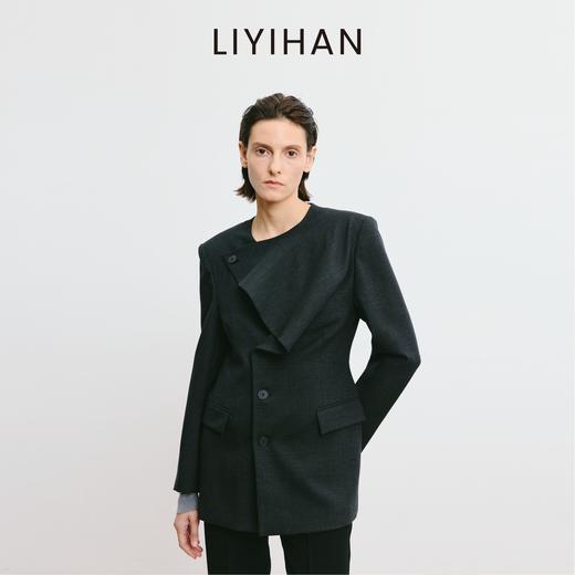 LIYIHAN 2025秋季新款通勤高级羊毛圆领西装女灰色外套小众设计感 商品图3