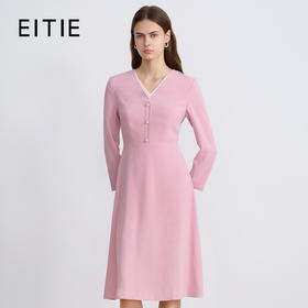 EITIEEITIE爱特爱法式气质优雅V领撞色收腰粉色长袖秋季新款连衣裙C2507840