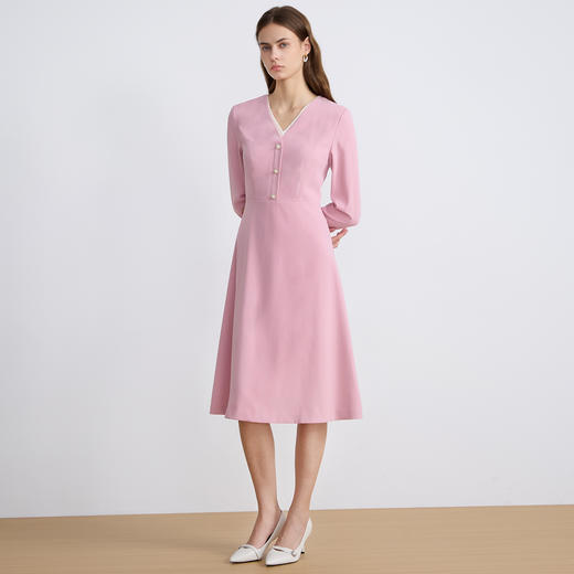 EITIEEITIE爱特爱法式气质优雅V领撞色收腰粉色长袖秋季新款连衣裙C2507840 商品图3