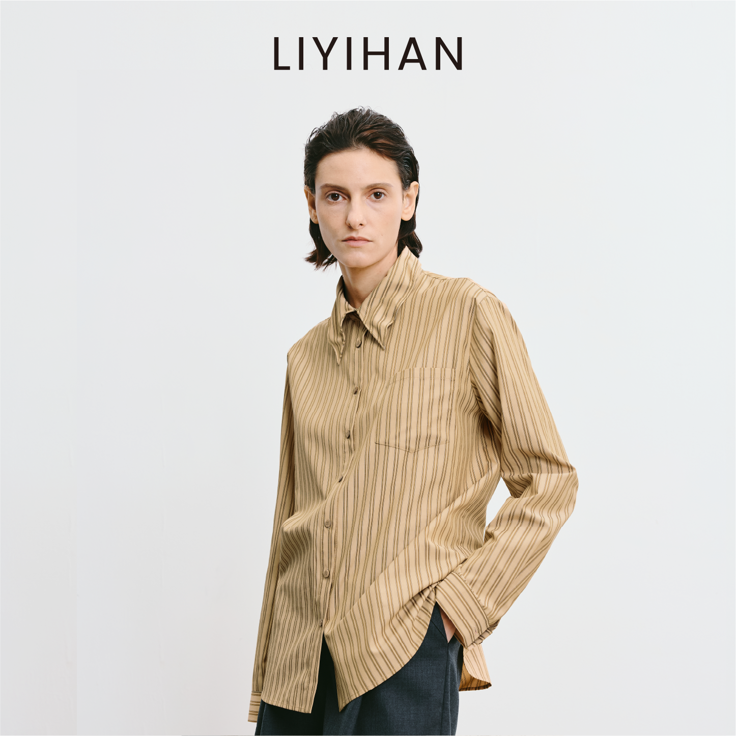 LIYIHAN 2025秋季新款职场通勤条纹衬衫卡其色女衬衣小众设计感
