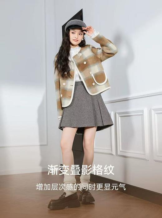 【高端系列】手工定制8292款羊毛➕桑蚕丝➕羊驼渐变叠影格纹短款双面尼大衣-喜出 商品图2