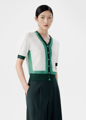 朗姿 v领撞色薄款针织开衫短袖LCET05KCD456