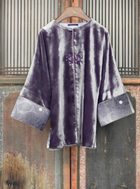 盛唐牡丹盛奢系列 | 真丝丝绒拼西阵织袖外套-紫色