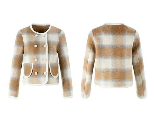 【高端系列】手工定制8292款羊毛➕桑蚕丝➕羊驼渐变叠影格纹短款双面尼大衣-喜出 商品图11