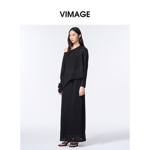 VIMAGE纬漫纪通勤百搭休闲高腰莱赛尔黑色直筒秋季新款半身裙V2406101 商品图1