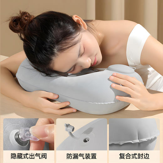 按压充气植绒u型枕 便携旅行吹气枕坐车飞机护颈枕户外露營靠脖枕灰色1个 商品图3