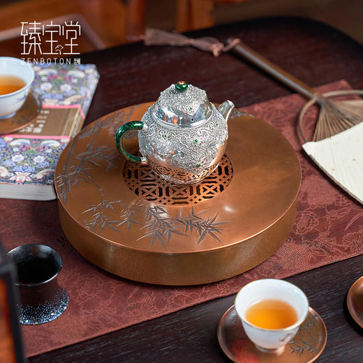 【样品特惠7折，仅1件，无货退款】臻宝堂茶台圆形铜干泡台纯手工錾刻青竹小号茶盘储水养壶茶具配件青竹茶台 商品图1