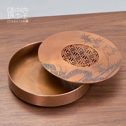 【样品特惠7折，仅1件，无货退款】臻宝堂茶台圆形铜干泡台纯手工錾刻青竹小号茶盘储水养壶茶具配件青竹茶台 商品图0
