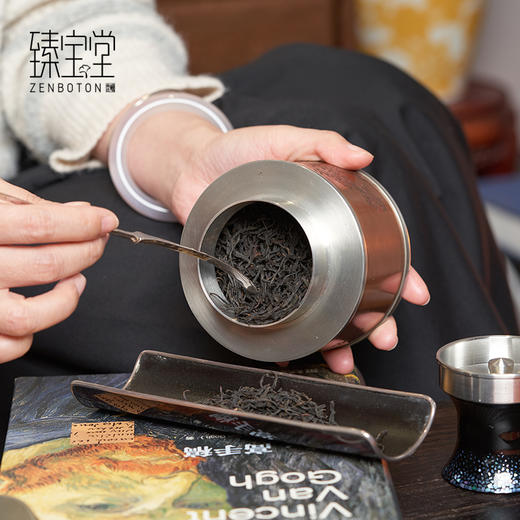 臻宝堂茶叶罐铜包锡制手工存储罐密封防潮普洱便携金属空茶罐茶具铜包锡茶叶罐-青松(矮) 商品图1