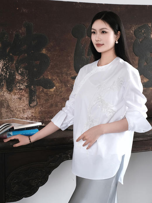 盛唐牡丹| 玺越手工串珠新中式衬衫-白色 商品图0