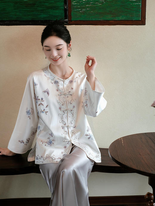 盛唐牡丹大师系列| 重缎真丝手绣对襟外套-白 商品图0