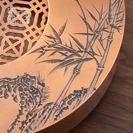 【样品特惠7折，仅1件，无货退款】臻宝堂茶台圆形铜干泡台纯手工錾刻青竹小号茶盘储水养壶茶具配件青竹茶台 商品图3