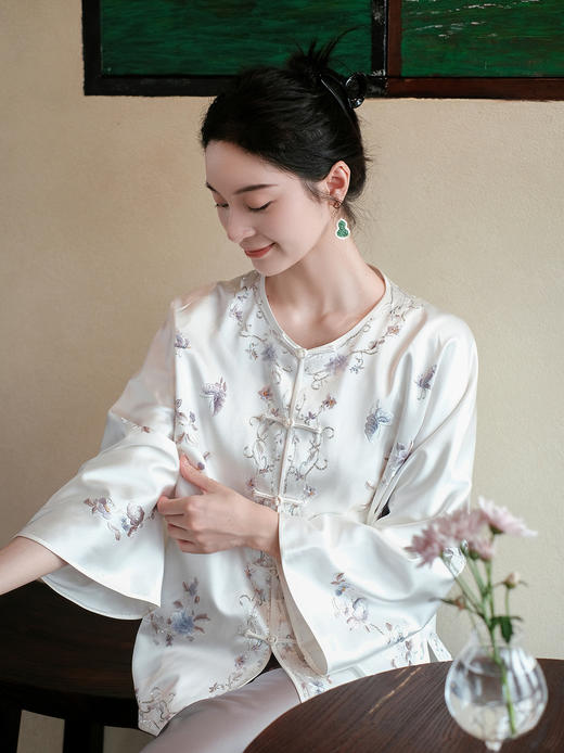 盛唐牡丹大师系列| 重缎真丝手绣对襟外套-白 商品图1