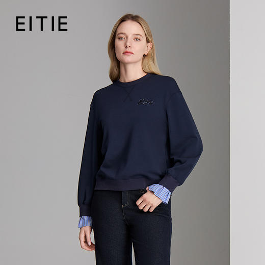 EITIE爱特爱圆领刺绣袖口拼接设计小上衣8313013 商品图0