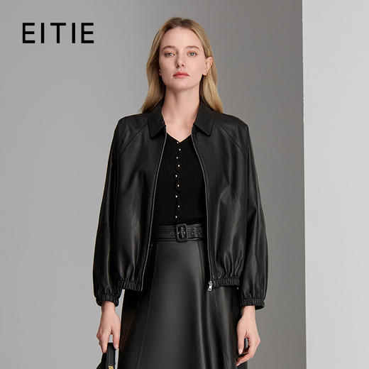 EITIE爱特爱精致衬衫领插肩袖设计复古显瘦皮衣8393002 商品图0