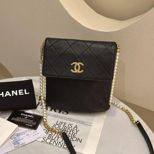 Chanel  黑金 菱格纹 牛皮 小号 珍珠 流浪包 商品图1