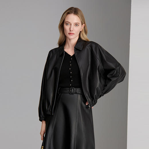 EITIE爱特爱精致衬衫领插肩袖设计复古显瘦皮衣8393002 商品图2