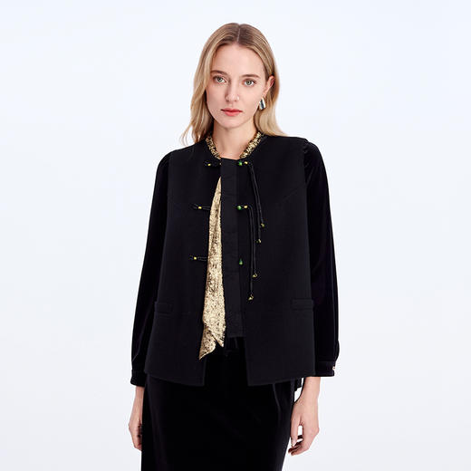 EITIE爱特爱新中式绿色宝石流苏扣纯羊毛马甲大衣8314001 商品图1