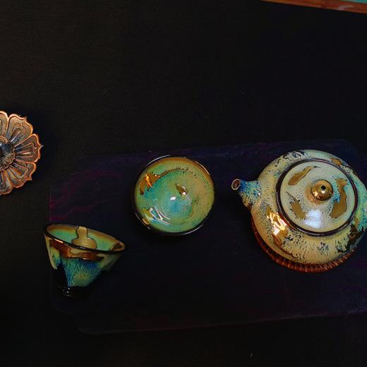 玄雕窑大漆闻香杯80ml西施大漆壶200ml鎏金壶200ml紫砂深色小茶盘32*13*2cm 商品图5
