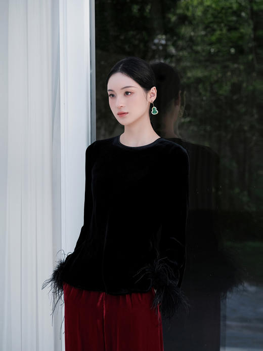 盛唐牡丹| 真丝丝绒配鸵鸟毛袖上衣 商品图0