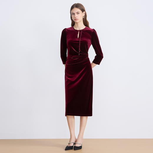 EITIE爱特爱法式复古优雅气质修身显瘦红色丝绒连衣裙秋新款C2507836 商品图3