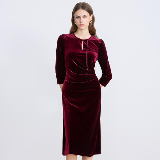 EITIE爱特爱法式复古优雅气质修身显瘦红色丝绒连衣裙秋新款C2507836 商品图1