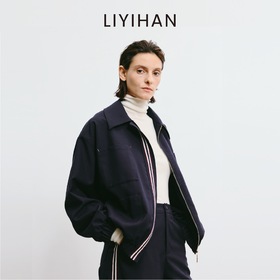LIYIHAN 2025秋季新款通勤羊毛夹克短外套藏蓝色女套装小众设计感