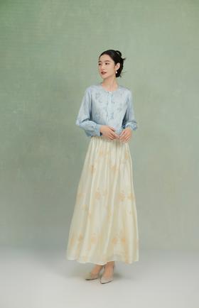 荷言GL 云鉴 山茶绣花亮片新中式米白伞裙舒适显瘦氛围感