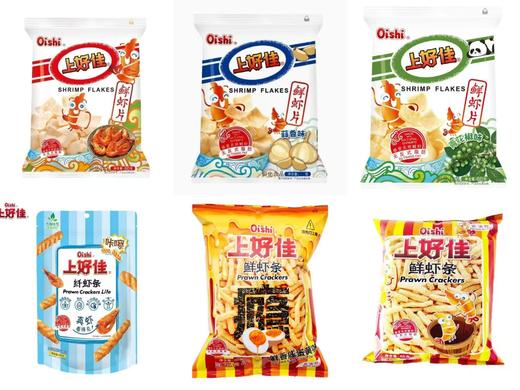 上好佳鲜虾片鲜虾条、纤虾条组合装（原味，咸蛋黄味，蒜香味，青花椒味）（60g-65g）*6袋 商品图0