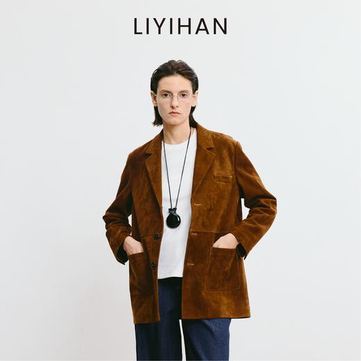 LIYIHAN 2025秋新款通勤美拉德麂皮羊皮棕色西装外套女小众设计感 商品图4