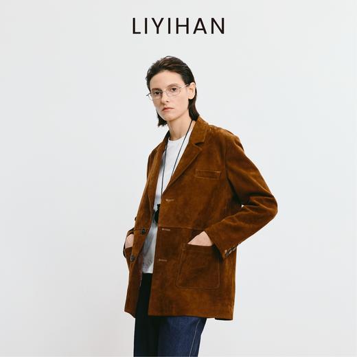 LIYIHAN 2025秋新款通勤美拉德麂皮羊皮棕色西装外套女小众设计感 商品图3