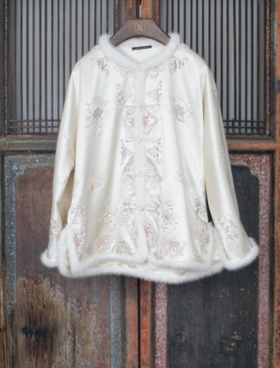 盛唐牡丹大师系列-卢梅红| 手绣重缎真丝水貂毛棉外套-米色