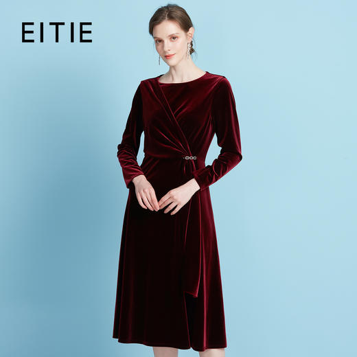 EITIE爱特爱气质圆领收腰显瘦酒红色丝绒长袖连衣裙秋季新款C2507802 商品图0