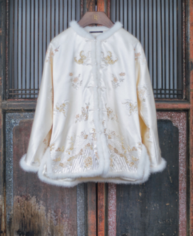 盛唐牡丹大师系列-卢梅红| 手绣重缎真丝水貂毛棉外套-香槟色