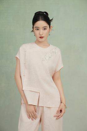 荷言HEYEN 留春 卷草纹真丝非遗花罗新中式短袖上衣高定系列