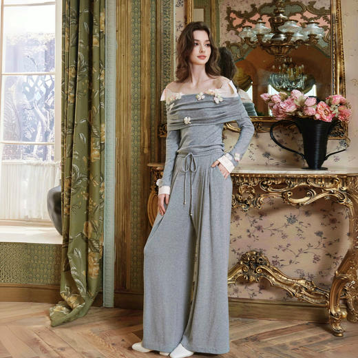 灰色美丽诺慕斯羊毛混纺长裤 商品图2