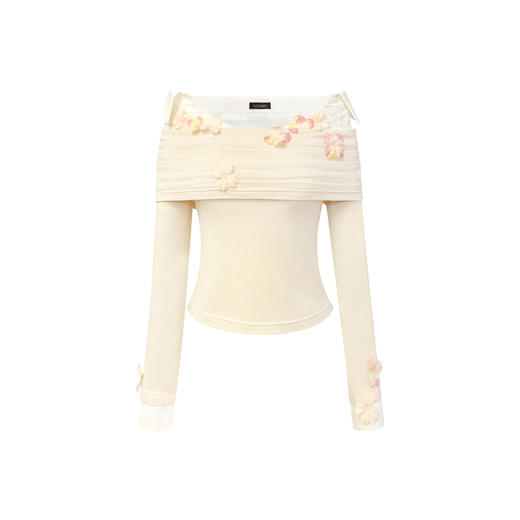 香槟粉美丽诺慕斯羊毛混纺假两件花朵上衣 商品图4