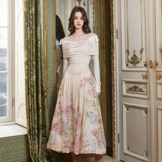 香槟粉美丽诺慕斯羊毛混纺假两件花朵上衣 商品图2