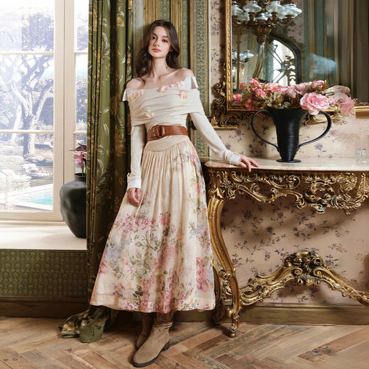 香槟粉美丽诺慕斯羊毛混纺假两件花朵上衣 商品图3