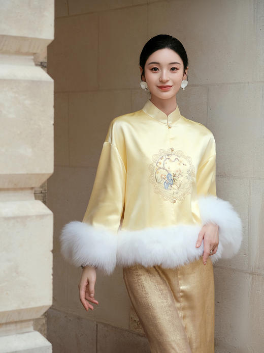 盛唐牡丹大师系列-卢梅红 | 绣茸真丝团纹手绣狐狸毛棉外套 商品图7