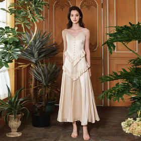 香槟色压纹褶皱感醋酸吊带连衣裙