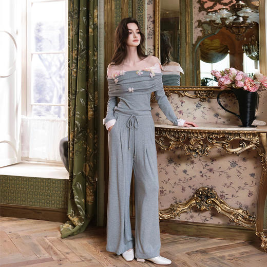 灰色美丽诺慕斯羊毛混纺长裤 商品图0