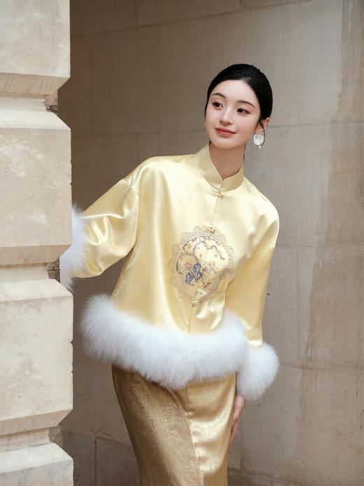 盛唐牡丹大师系列-卢梅红 | 绣茸真丝团纹手绣狐狸毛棉外套 商品图5